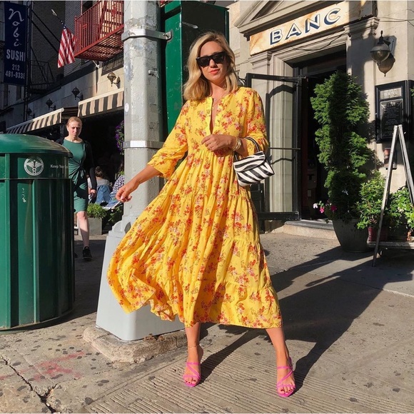 Zara | Floral Boho Yellow Tiered Midi Maxi Dress | Blogger Favorite | Size M - Picture 4 of 11